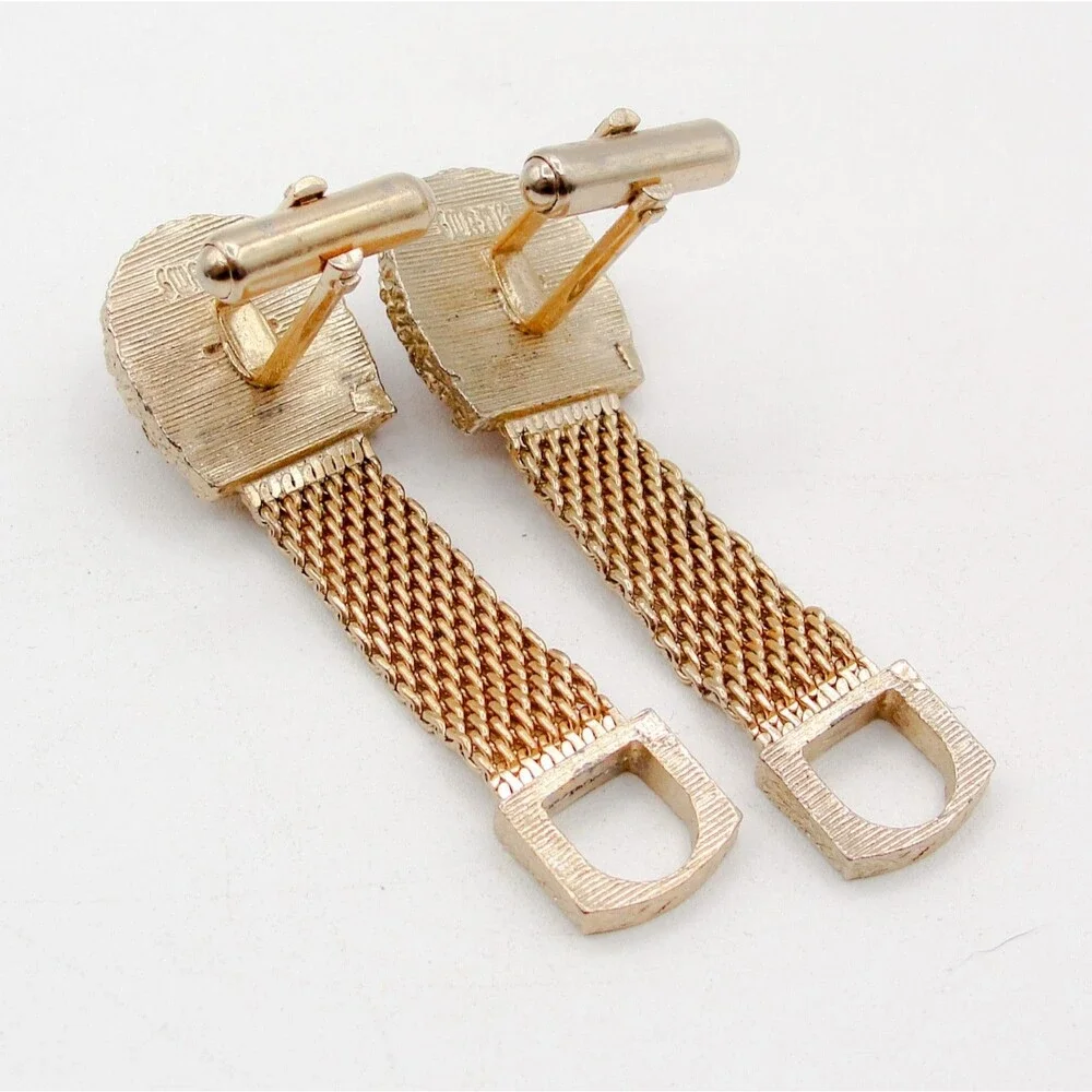Vintage Swank Rose Red Moonglow Cabochon Gold Tone Mesh Wrap Around Cufflinks